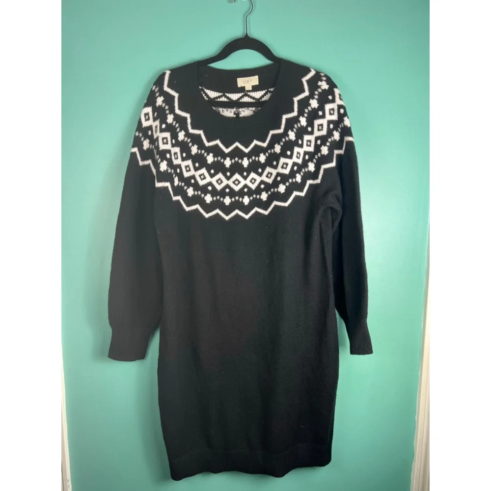 Women's LOFT Outlet Black White Fair Isle Long Sleeve Sweater Dress XL
